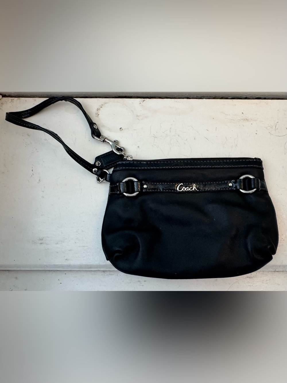 Coach Black Satin Wristlet with Silver Hardware